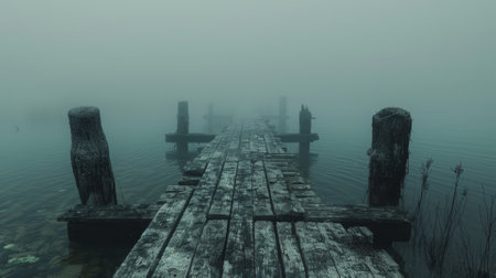 Old wooden jetty leading into mist, ethereal lakeの素材