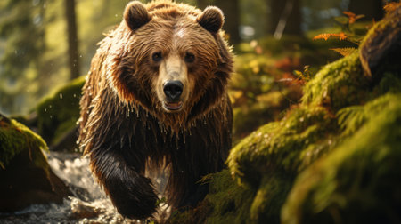 Close-up of a bear in the forest, powerful wildlife presenceの素材