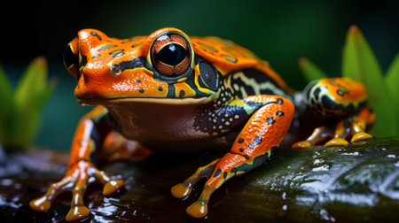 Close-up of a forest frog on a leaf, vibrant wildlife sceneの素材