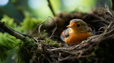 Close-up of a forest bird in its nest, intimate wildlife glimpseの素材