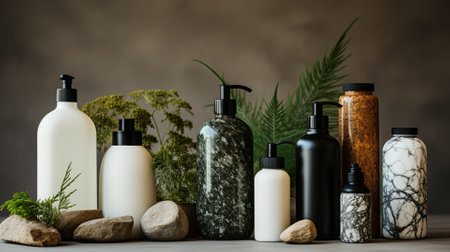 Empty eco-friendly containers and bottles, sustainable beauty productsの素材