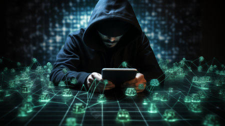 Online banking fraud alert on a mobile device, cyber scam focusの素材
