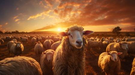 Flock of sheep under the golden sunset, pastoral beautyの素材