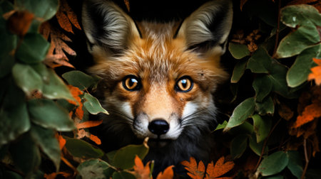 Fox peeking through forest foliage, vibrant wildlife close-upの素材