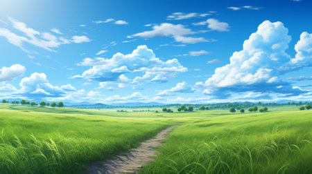 Lush wide grass field with a vividly clear sky overheadの素材