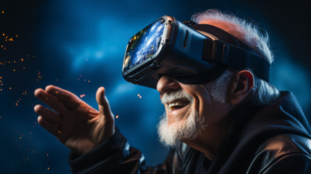 Elderly man with a VR camera, capturing memories in a new wayの素材