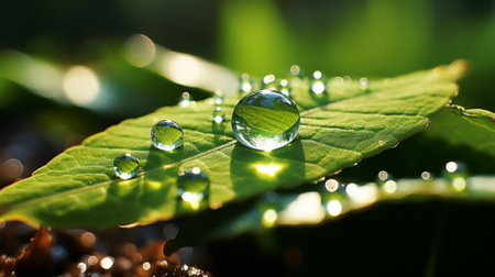 Macro shot of a dewdrop on a leaf, reflecting the morning sun, intricate detailの素材