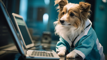Dog wearing a doctor's uniform, looking at a computer screenの素材