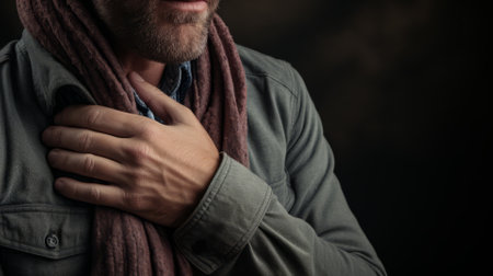Close-up of a person coughing into their elbow, illness etiquetteの素材