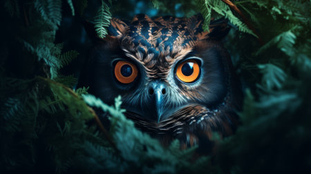Owl's eyes in the forest at dusk, mysterious wildlifeの素材