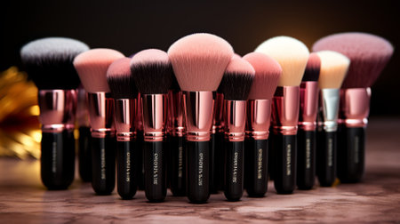 Detailed view of premium cosmetic brushes with soft bristles, beauty essentialsの素材