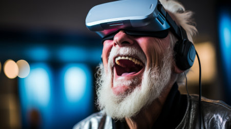 Excited senior man experiencing virtual reality, a new perspectiveの素材