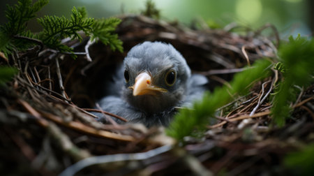 Close-up of a forest bird in its nest, intimate wildlife glimpseの素材