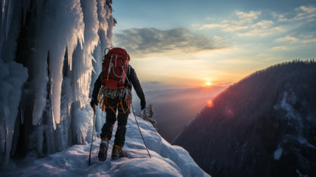 Ice climber ascending a frozen waterfall, cold edge adventureの素材