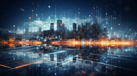 Futuristic city skyline with digital overlays, smart city conceptの素材