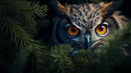 Owl's eyes in the forest at dusk, mysterious wildlifeの素材