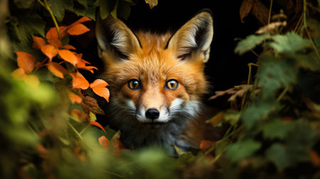 Fox peeking through forest foliage, vibrant wildlife close-upの素材