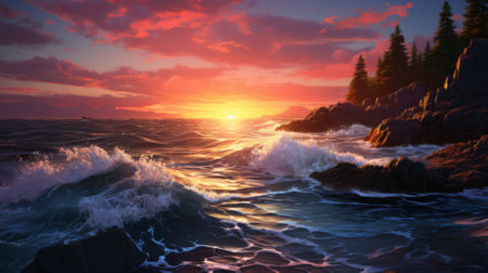 Ocean waves crashing on rocks at dawn, summer tranquilityの素材