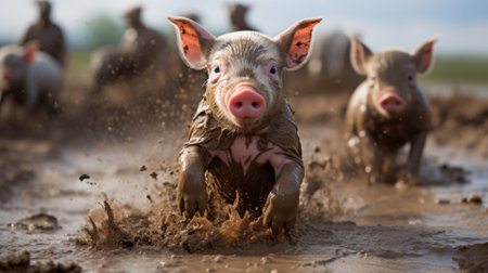 Piglets playing in the mud, farm life in actionの素材