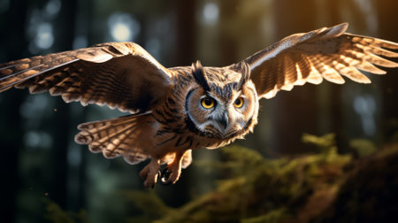 Owl in flight in the forest, capturing wildlife motionの素材