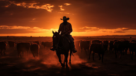 Silhouette of a cowboy herding cattle at sunset, wild west vibeの素材