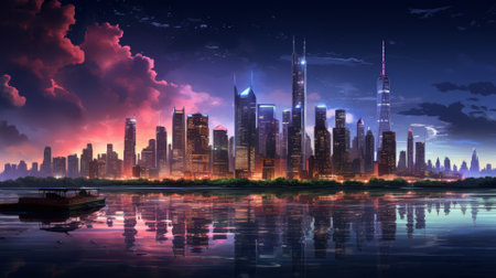 Cyberpunk cityscape at night with neon lights and futuristic architectureの素材