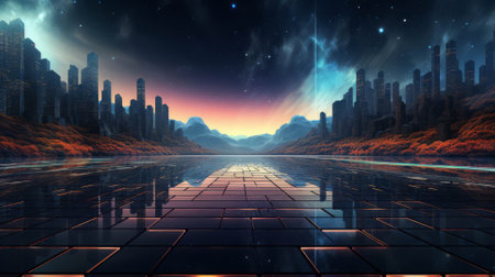 Abstract digital art featuring a neon grid landscape, retro-futuristic vibesの素材