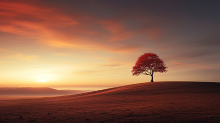 Minimalist design of a single tree casting a long shadow at sunset, serene solitudeの素材
