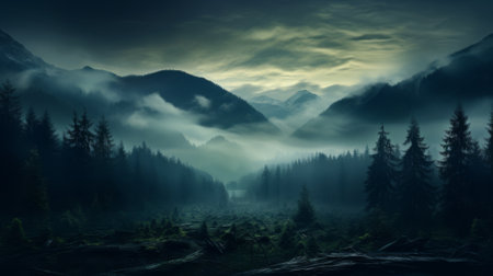Misty forest at dawn, mysterious and ethereal backgroundの素材