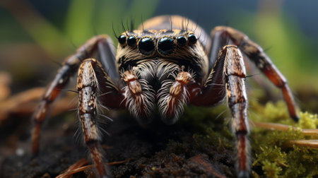 Macro shot of a spider in its web, detailed, natural hunterの素材