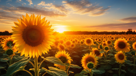 Sunflower field at sunrise, bright and cheerful backgroundの素材
