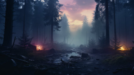 Misty forest at dawn, mysterious and ethereal backgroundの素材