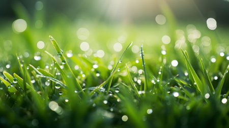 Soft-focus morning dew on grass, serene with top copy spaceの素材