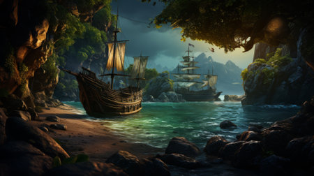Pirate cove with hidden treasures and a secretive atmosphereの素材