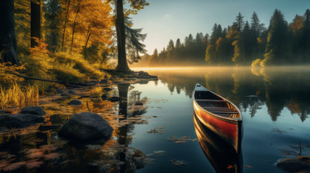 Serene lakeside view with a canoe ready for an adventureの素材