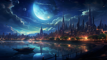 Nighttime cityscape with illuminated streets and buildingsの素材