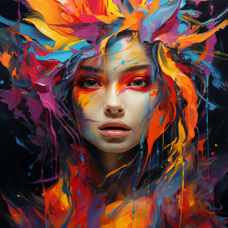 Surreal portrait with vibrant paint strokes, blending art and fashion.の素材