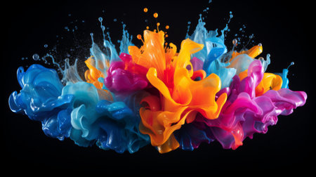 Spectrum of water splashes creating a colorful fan in the air, vibrant and livelyの素材