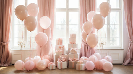 Softly colored baby shower balloons and ribbons, festive atmosphereの素材