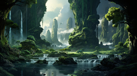 Surreal landscape with floating islands and cascading waterfalls, a fantasy conceptの素材