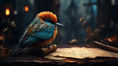 A bird with a pen, appearing to write, depicting creativityの素材
