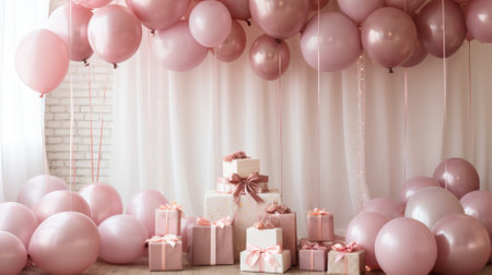 Softly colored baby shower balloons and ribbons, festive atmosphereの素材