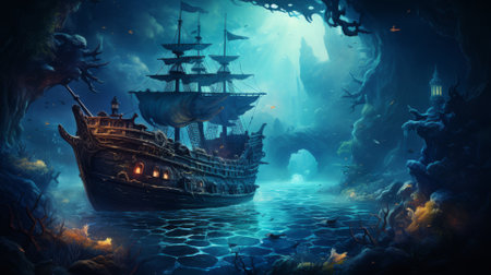 Underwater scene with a sunken ship and glowing marine lifeの素材