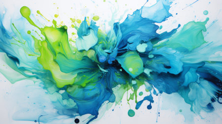 Vivid blue and green water splashes intersecting, an artistic aquatic danceの素材