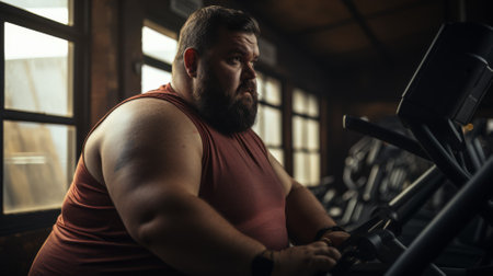 Overweight man on a cycling workout, determined to lose weightの素材