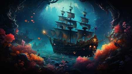 Underwater scene with a sunken ship and glowing marine lifeの素材