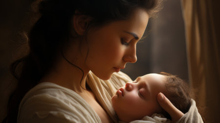 Tender moment between a mother and her newborn, pure love and connectionの素材