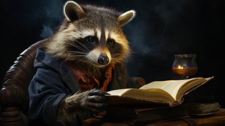 A raccoon with a book, appearing engrossed, conveying intelligenceの素材