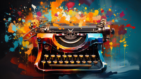 Vintage typewriter with colorful paint splashes, blending old and new art formsの素材