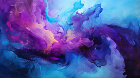 Turquoise and purple water splashes merging, a cool and warm color contrastの素材